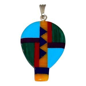 Vintage Zuni Inlaid Malachite Turquoise Coral Hot Air Balloon Festival Pendant